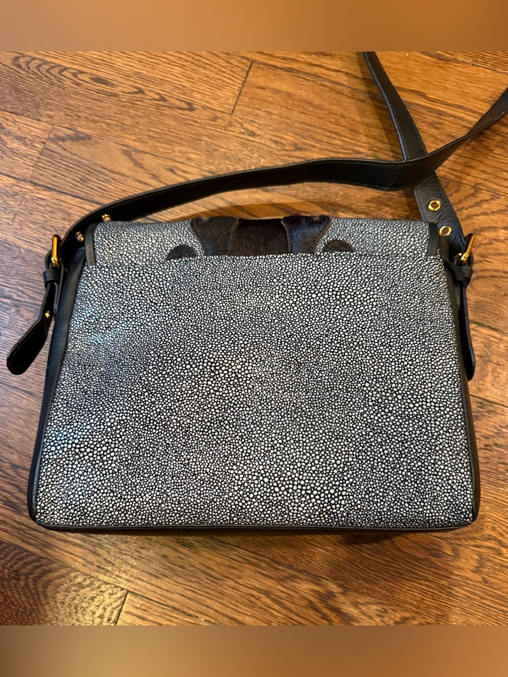 Sharif Black Leather Sun Moon Brass Calf Hair Crossbody Flap over Bag - Picture 2 of 8